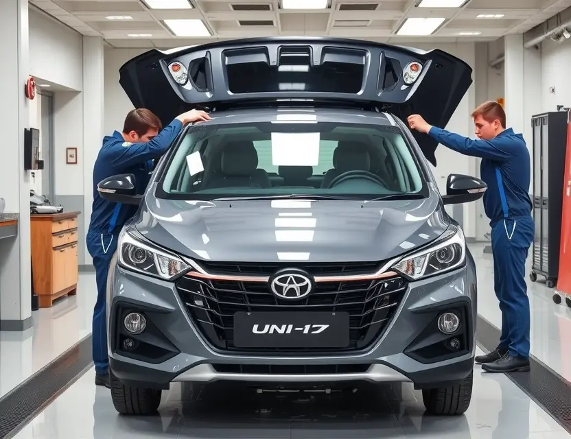 A professional automotive workshop scene showing a Changan UNI-T with its windshield being carefully removed or installed by technicians using specialized tools, clean and well-lit garage environment, high-quality realistic photography, focus on the car's front section and the glass replacement process