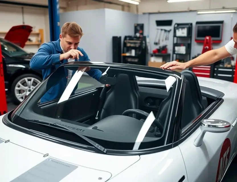 A Ginetta car with a new windshield being installed by a professional mechanic in a well-lit garage, showing the precise fitting process without any tools or parts scattered around, clean and professional environment