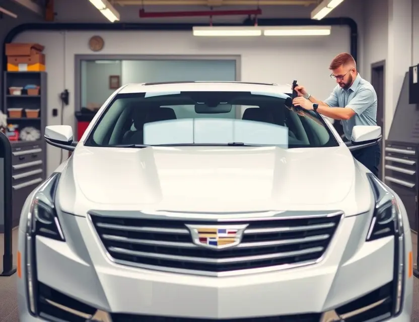 A high-quality, realistic photo of a Cadillac CT5 sedan in a professional auto repair shop, showing the front windshield area during a replacement process. The car is clean and modern, with the old windshield removed and a new one being carefully installed by a technician using specialized tools. The background features organized workshop equipment, soft lighting, and a clean environment. No text, logos, or watermarks are visible.