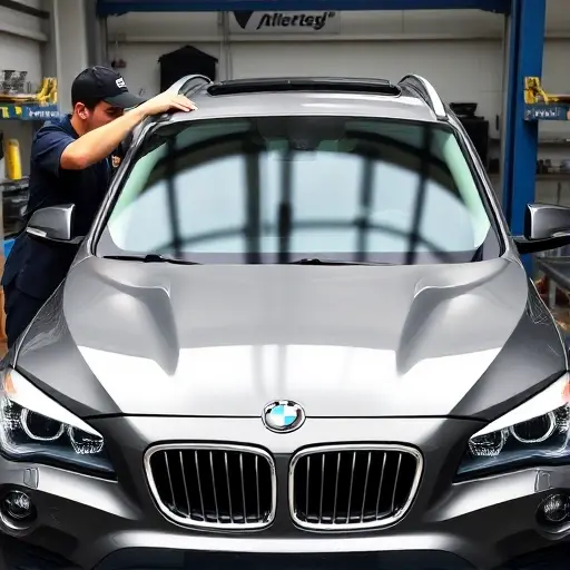 A mechanic replacing the windshield of a BMW X1 2.0 L 150 hp (2009-2015) in a workshop, showing the car's front, the new windshield, tools, and a clear view of the replacement process