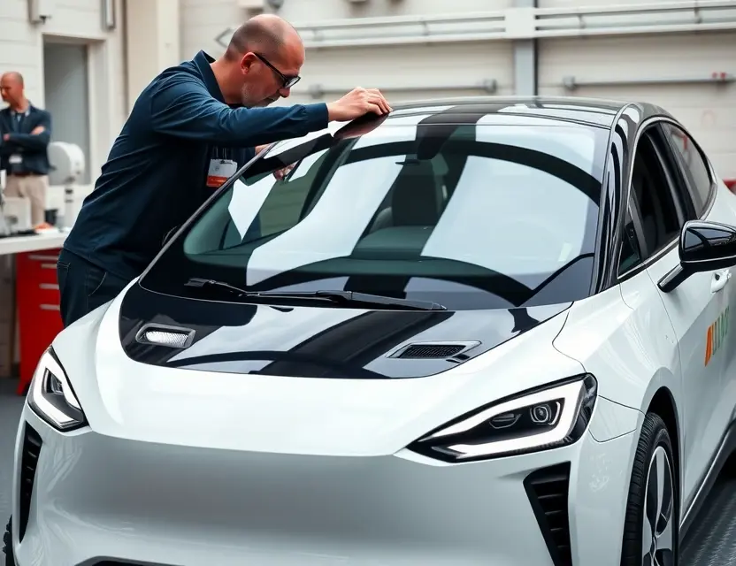 A modern electric car, specifically an Aion V, with a technician carefully replacing the front windshield using professional tools, clean workshop background, natural lighting, high detail, no text or logos
