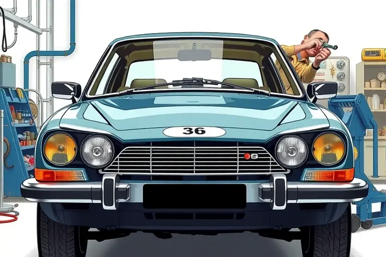A detailed illustration of a classic Bristol Blenheim car from the early 1990s in a workshop, showing a mechanic carefully removing the old windshield and installing a new one. The scene focuses on the car's front end, the windshield frame, and the hands of the mechanic using tools, with a realistic, high‑quality rendering and a clean background.