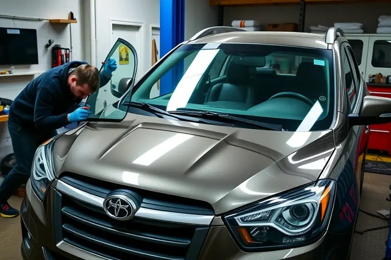 A detailed workshop scene showing a mechanic carefully removing an old windshield from a SsangYong Korando 1.5 Turbo, with the car's front exposed, and a new clear glass being fitted onto the vehicle. The setting includes a workbench, tools, a suction cup, and a neatly organized garage environment.