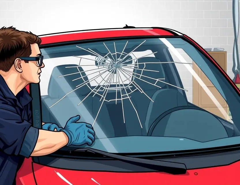 A detailed illustration of a Mitsubishi L200 with a cracked windshield being replaced by a mechanic. The mechanic is wearing safety glasses and gloves, and the new windshield is being carefully installed. The background shows a garage setting with tools and equipment. Focus on the replacement process and the quality of the new windshield.
