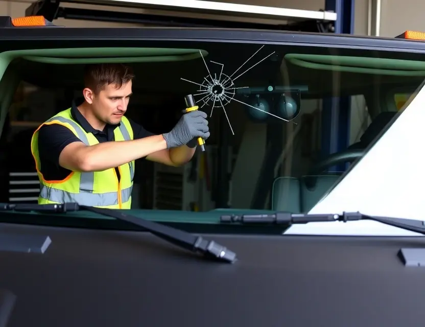 A Hummer H2 with a cracked windshield being replaced by a mechanic. The mechanic is wearing a safety vest and gloves, and is using a specialized tool to remove the old windshield. The new windshield is being carefully positioned in place. The background shows a garage setting with tools and equipment.