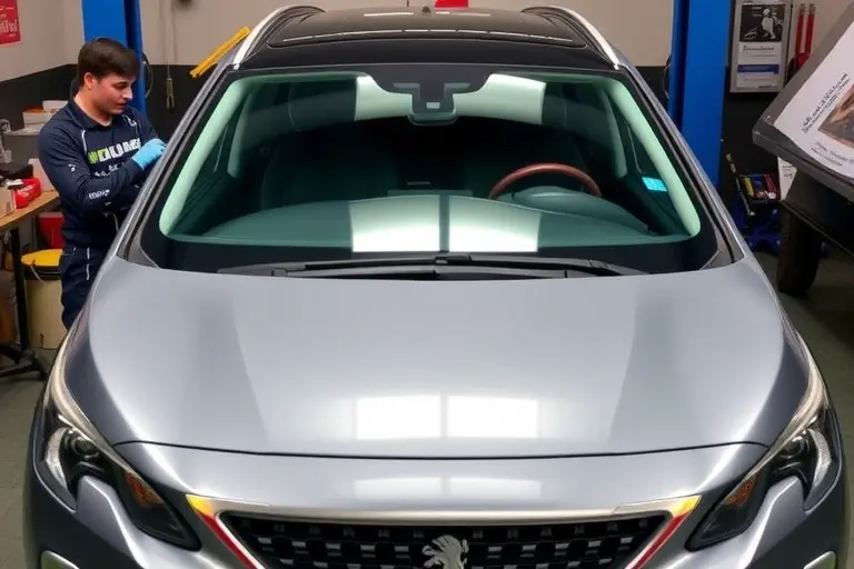 A mechanic replacing the windshield of a 2019 Peugeot 3008 Hybrid, showing the car's front, the new windshield in place, tools and a service manual, all in a clean workshop setting