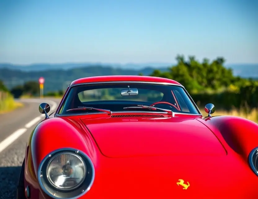 A high-quality image depicting a Ferrari 250 GTO with a replaced windshield. The car is parked on a scenic road, possibly in Italy, with a clear blue sky and lush green surroundings. The replaced windshield should be seamlessly integrated with the original, showcasing a modern, clear glass. Focus on the car's iconic design and the subtle details of the replacement.