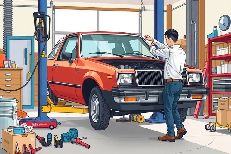 A realistic illustration of a mechanic replacing the windshield of a 1979-1983 AMC Spirit with a 3.8 L R6 engine, showing the car on a garage lift, tools scattered nearby, and the new windshield being carefully installed, with bright natural lighting and focus on the car and work area.