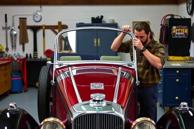 A vintage 1932 Alvis Speed 20 car in a classic workshop, with a mechanic in period-appropriate attire carefully removing and installing the curved front windshield, highlighting the chrome trim, wooden dashboard, and authentic 1930s tools surrounding the vehicle.