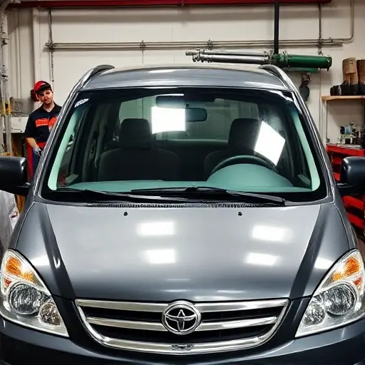 A mechanic in a garage replacing the windshield of a 2007 BAW Yongshi 2.4L R4 140hp car. The front of the car is visible, the old windshield is removed, a new windshield is being fitted, with tools and a protective cover. No text, letters, or digits in the image.