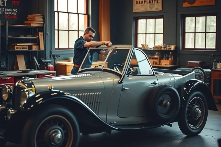 A vintage 1930s Argyll GT automobile parked in a classic workshop, with a skilled mechanic in period-appropriate attire carefully removing the old windshield and installing a new, clear glass windshield. The scene captures the detailed bodywork of the car, the wooden workbench, vintage tools, and a soft natural light filtering through the workshop windows, emphasizing the craftsmanship of the restoration.