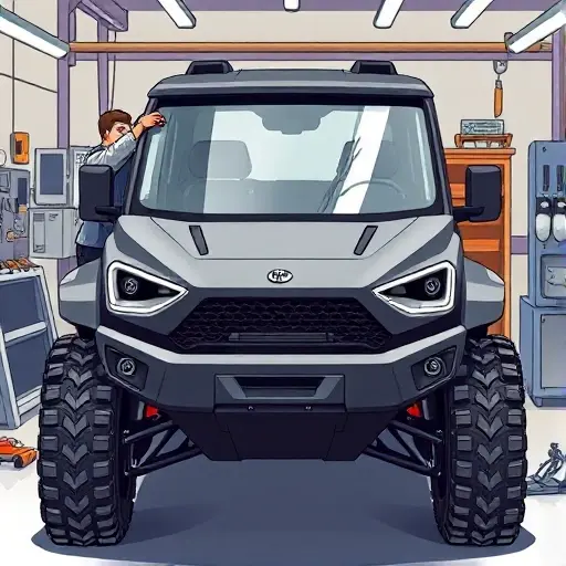 A detailed illustration of a 2022 Bollinger B2 electric off-road vehicle in a workshop, with a mechanic carefully installing a new windshield. The scene focuses on the front of the rugged SUV, showing the glass being positioned and secured, tools like suction cups and clamps nearby, and the vehicle's distinctive boxy shape and large wheels. The lighting highlights the sleek, matte finish of the vehicle and the clear, pristine windshield being fitted.