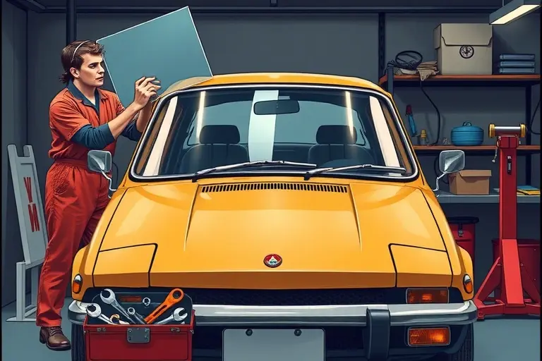A detailed, realistic illustration of a 1979 Talbot Sunbeam Lotus 2.2 L 150 hp car in a garage, with a mechanic in a jumpsuit removing the old windshield and installing a new one. The scene shows the car's front, the windshield frame, the mechanic's hands holding a new glass panel, a toolbox with wrenches and a suction cup tool, and a workbench with a car jack. The background is a dimly lit garage with a workbench, a car jack, and a storage shelf. The focus is on the windshield replacement process, with emphasis on the car's classic 1979 design and the mechanic's careful handling of the glass. No text or logos should appear in the image.