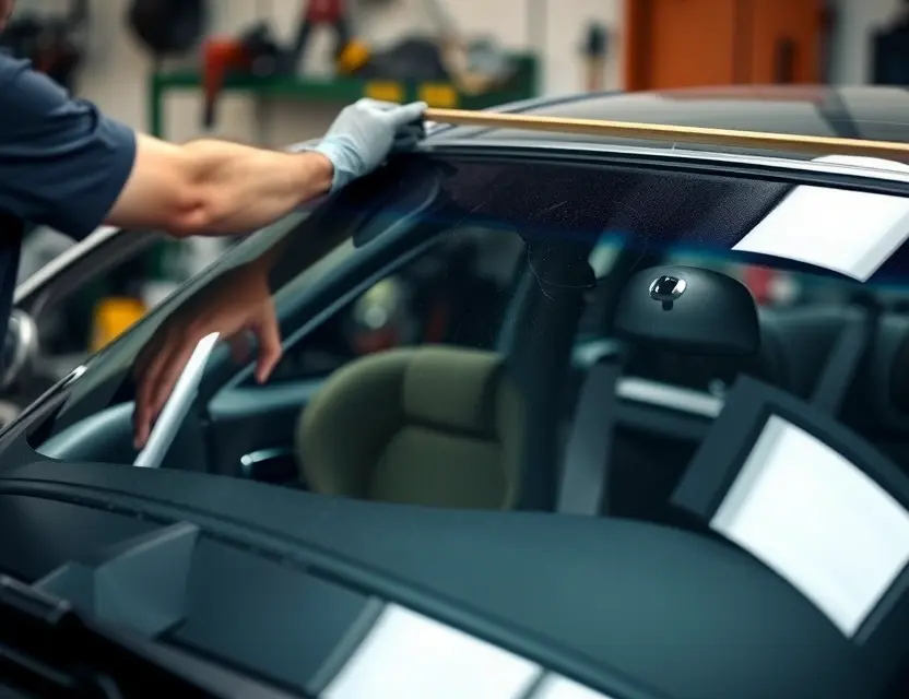 A close-up shot of an Eagle Talon car windshield being replaced by a mechanic. The mechanic is wearing gloves and a safety glasses. The windshield replacement process is visible, with tools and parts around. Focus on the replacement process and the details of the windshield and the car's frame.