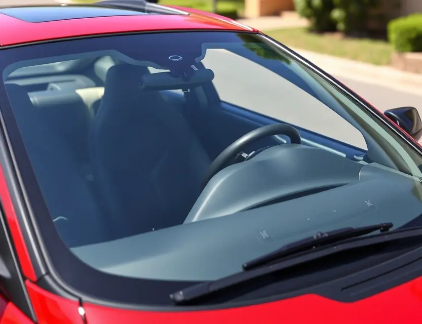 A Zeekr X with a replaced windshield, showcasing the new glass. The car is parked outdoors on a sunny day. Focus on the clarity and quality of the replacement windshield.