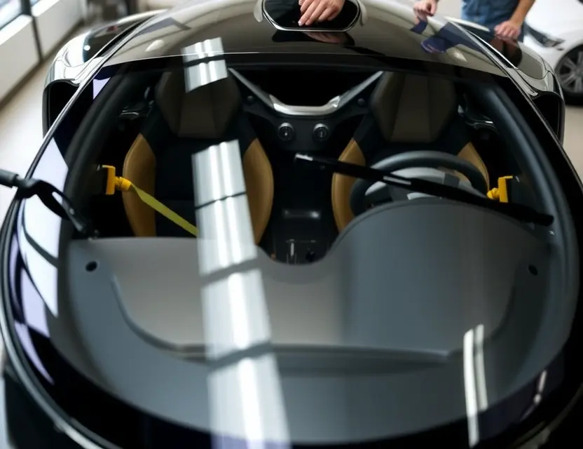 A detailed view of a Gumpert Apollo S with its front windshield removed, showcasing the interior and the process of windshield replacement. The car should be in a well-lit garage or workshop setting, with a technician working on the replacement. The image should highlight the precision and care taken during the process.