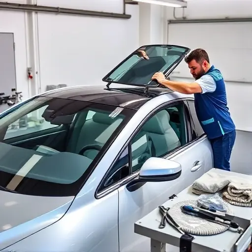 A modern electric XPeng P7i sedan in a clean garage setting, with a technician carefully removing the old windshield and installing a new one. The car is shown from a side angle, highlighting the sleek body lines and the transparent glass. Tools like suction cups, a protective blanket, and a glass cutter are visible on a workbench. The lighting is bright and natural, emphasizing the precision of the replacement process.