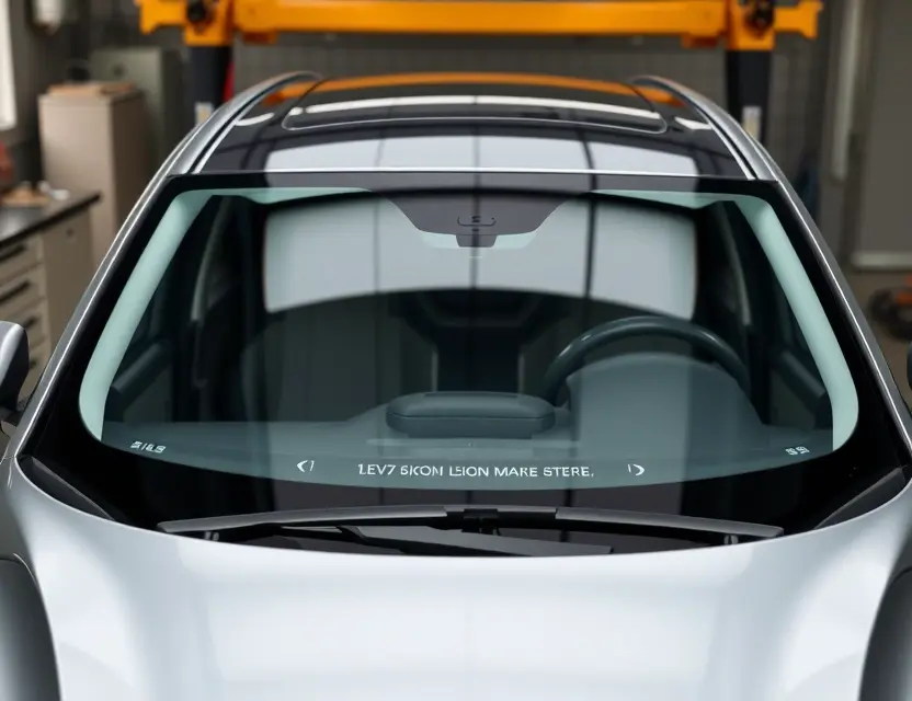 Замена лобового стекла Xiaomi SU7 A Xiaomi SU7 car with a newly replaced windshield, showing a clean, seamless installation with no visible damage or imperfections, viewed from the front at a slight angle in daylight, professional automotive repair setting, no people, no tools, no text