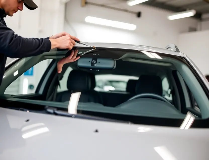 Замена лобового стекла Radar RD6 A close-up view of a car windshield being replaced on a Radar RD6 vehicle, showing a technician carefully installing a new windshield with proper tools, the vehicle's front end visible, clear glass, and a clean workshop environment with soft lighting