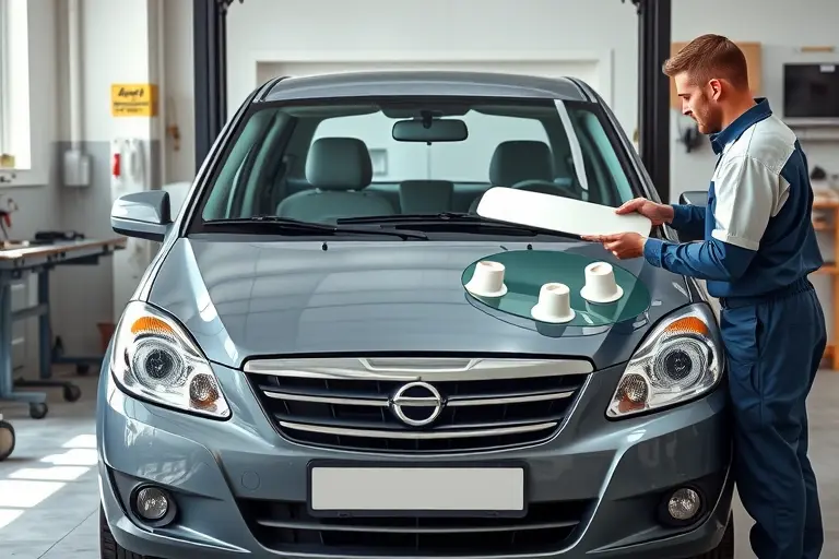 A realistic depiction of a mechanic in a garage replacing the windshield of a LADA Granta 1.6 L 87 hp (2011–present, 1st generation). The image shows the front of the car with the old windshield removed, a new windshield being held by the mechanic, and tools such as suction cups and a cleaning kit. The setting is a clean workshop with a workbench, a car lift or stand, and proper lighting. No text, logos, or visible faces are included.