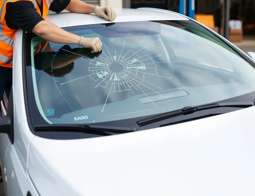 A Changan Eado Plus with a cracked windshield being replaced by a mechanic. The car is parked outdoors, and the mechanic is wearing a safety vest and gloves. The replacement windshield is being installed. Focus on the replacement process and the car's exterior.