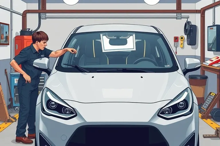 A detailed illustration of a mechanic replacing the windshield of a 2021 Tank 500 3.0 V6 Turbo 348 hp car in a garage setting, showing the old glass being removed and a new windshield being installed, with tools and car parts visible, no text or lettering