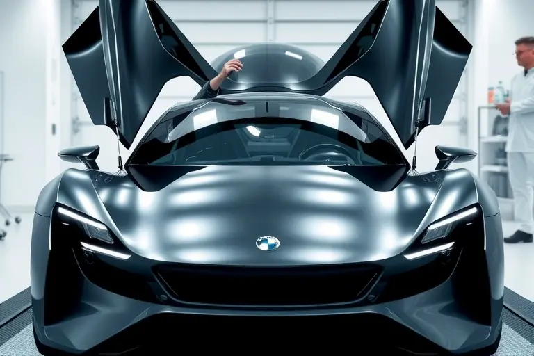 A sleek, modern electric AITO M5 car from 2023 with its front hood open, a technician in a clean workshop carefully removing the old windshield and installing a new transparent windshield, focus on the car's futuristic design and the glass replacement process, high detail, realistic lighting
