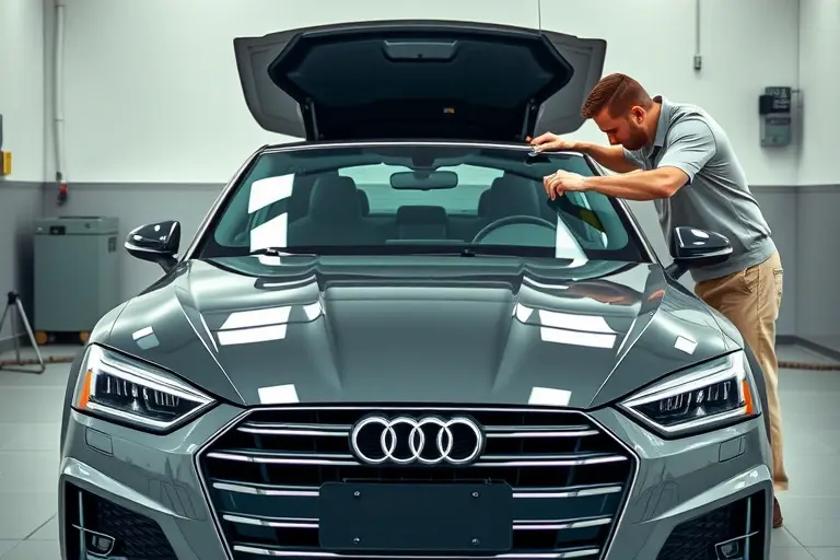 A detailed, realistic scene of an Audi A5 (2019 model) parked in a clean workshop, with the front windshield being removed and a new windshield positioned ready for installation. The car's hood is open, showing the interior frame around the windshield area. A professional mechanic in a neutral uniform is using appropriate tools, such as suction cups and a windshield removal tool, focusing on the glass. The lighting is bright and even, highlighting the glass and the car's sleek lines, with no visible brand logos or text in the image.