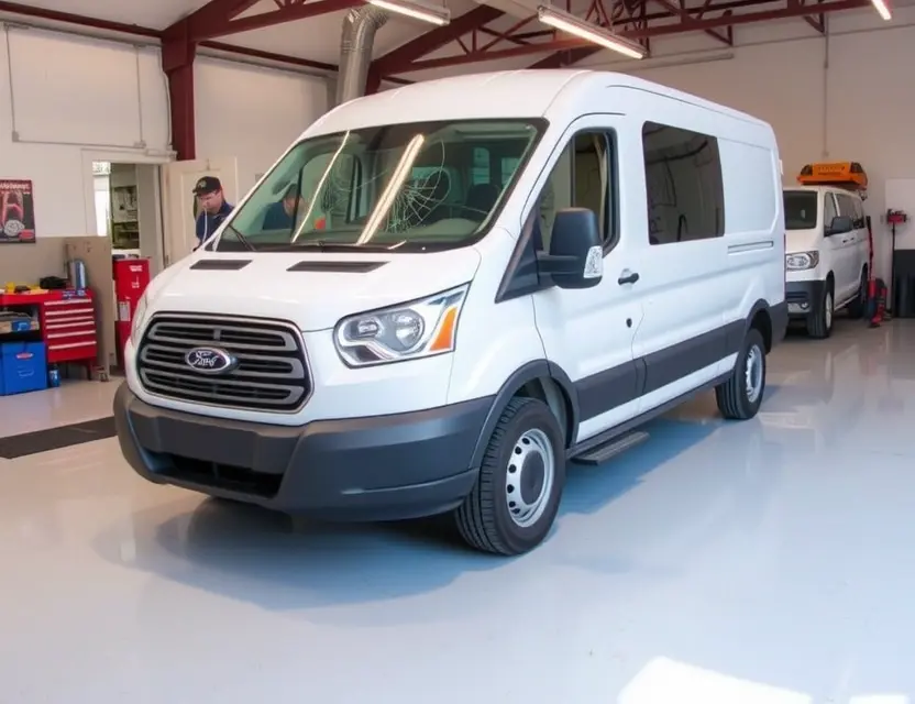 A Ford E-Transit van with a cracked windshield undergoing a windshield replacement. The van is parked on a clean, well-lit garage floor. A technician is working on the windshield, using tools. The background shows a garage with tools and equipment.