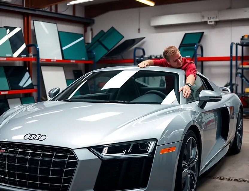 Замена лобового стекла Audi R8 A high-quality close-up shot of a sleek Audi R8 with its windshield being professionally replaced by a technician in a clean, well-lit auto glass workshop. The car is silver or black, showcasing its aerodynamic design. The technician is wearing safety gear and using specialized tools to fit a new windshield. The background features organized shelves with glass panels and automotive equipment, emphasizing precision and safety. No text, logos, or watermarks are visible.