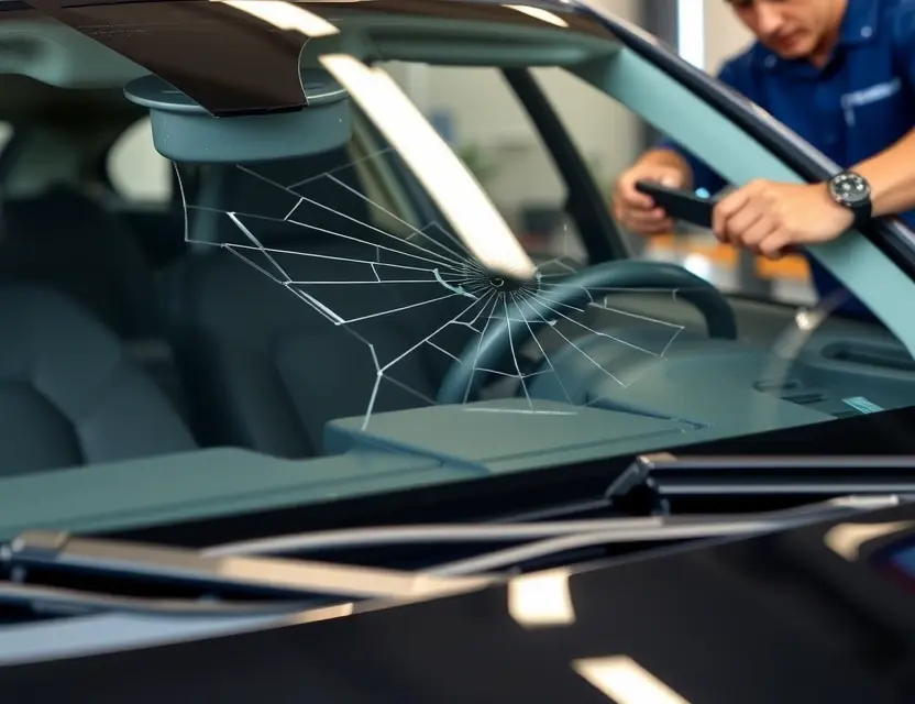 A Brilliance H230 car with a cracked windshield undergoing windshield replacement. The replacement windshield is being installed by a mechanic. Focus on the car and the replacement process.