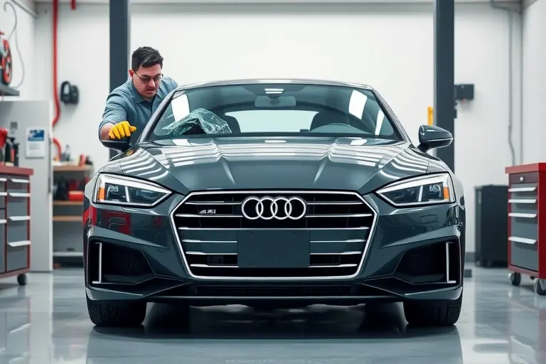 A high-resolution scene showing a 2016‑2024 Audi S5 with its front windshield being professionally replaced in a clean automotive workshop. The car is positioned front‑center, hood up, with a technician in safety gloves and goggles using suction cups and a windshield removal tool. The broken windshield is partially lifted, and a new glass panel is ready to be installed. The background includes organized tools, a service lift, and subtle lighting, emphasizing the precision of the replacement process.