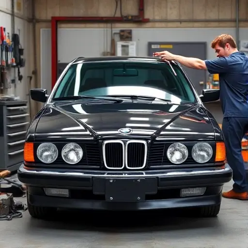 A realistic scene of a mechanic replacing the windshield of a 1987-1994 BMW 7er E32 5.0 V12 300 hp, showing the car's front, the old windshield being removed, the new windshield being installed, with tools and a workbench, no text or numbers in the image