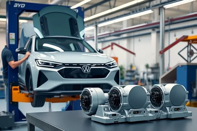 A realistic automotive workshop scene showing a mechanic replacing the windshield of a BYD Qin PHEV hybrid car. The car is on a service lift, the old glass is removed and a new windshield is being installed. Nearby, a set of sleek electric motor units rated at 300 horsepower are displayed on a workbench, highlighting their compact, high‑tech design. The environment is clean, well‑lit, and focused on precision, with tools and equipment but no people, text, or logos.