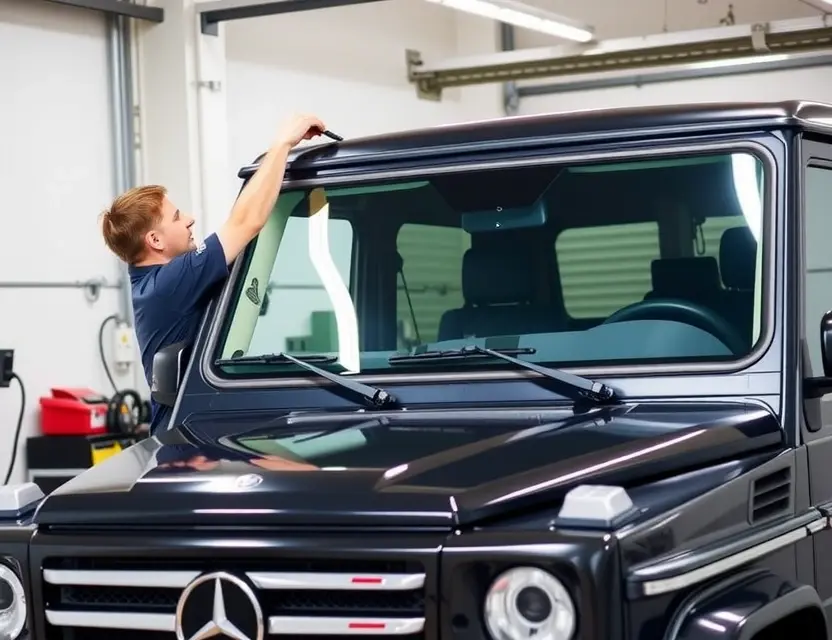 A professional mechanic replacing the windshield of a Mercedes-Benz G-Class, showing the process of removing the old windshield and installing the new one with precision tools and safety equipment in a well-lit garage.