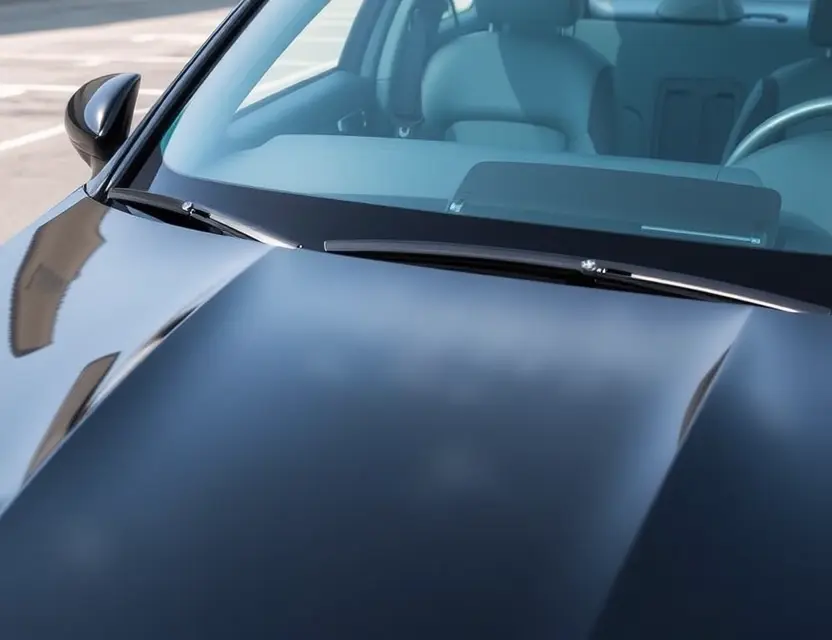 A close-up shot of a Brabus E900 car with a replaced windshield, showcasing the new glass. The car should be parked on a clean, bright surface. Focus on the clarity and quality of the replacement windshield.