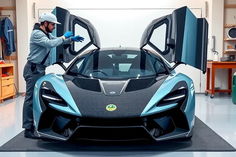 A detailed, realistic illustration of a mechanic carefully replacing the windshield of a Lotus Evija electric hypercar (2023 model). The scene is set in a clean, well-lit garage. The mechanic, wearing a protective helmet and gloves, is gently lifting the old glass panel from the car's front, while a new, clear windshield is being positioned into place. The Lotus Evija's distinctive low-slung, aerodynamic body is visible, with its signature gull-wing doors slightly open. The garage floor is covered with a light gray mat, and a few automotive tools (suction cups, a small wrench, a glass cleaner spray bottle) are neatly arranged on a nearby workbench. The focus is on the precision of the replacement process, with close-up details of the glass edges, the car's carbon-fiber hood, and the mechanic's hands. The lighting highlights the glossy finish of the new windshield and the sleek lines of the car, creating a high-resolution, cinematic look.