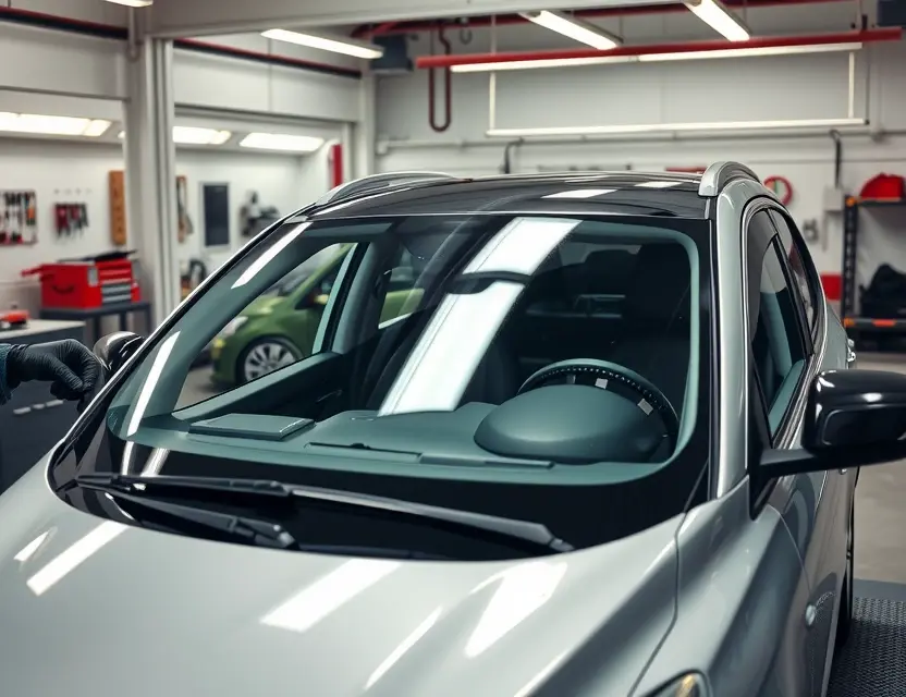 A high-quality, realistic photo of a Jetour Dashing car in a professional auto repair shop, showing a technician carefully installing a new windshield. The car is clean and modern, with the focus on the front glass area. The background shows organized tools and a bright, well-lit garage environment. No text, logos, or watermarks are visible.