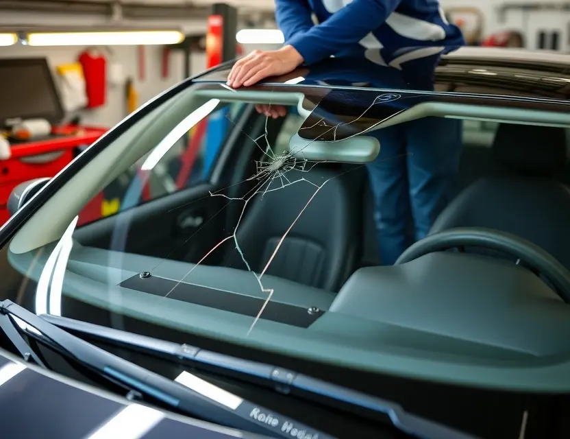 A Roewe i5 with a cracked windshield undergoing a windshield replacement. The replacement windshield is being installed by a mechanic. The background shows a garage setting with tools and equipment. Focus on the replacement process and the new windshield fitting into place.