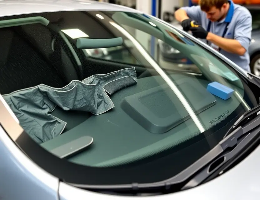 A close-up shot of a Renault Megane E-Tec with a partially replaced windshield. The old windshield is visible, and the new one is being installed. A mechanic is working on the windshield, using tools. The background is a garage setting with automotive equipment.