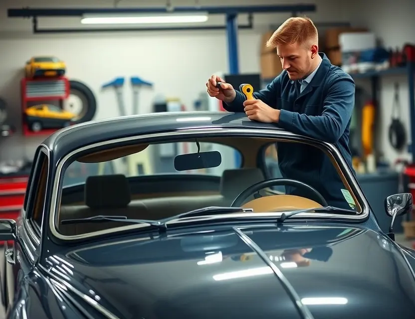 A professional mechanic replacing the windshield of a Horch 853 car. The mechanic is using specialized tools to carefully remove the old windshield and install the new one. The car is parked in a well-lit garage with various automotive tools and equipment in the background.