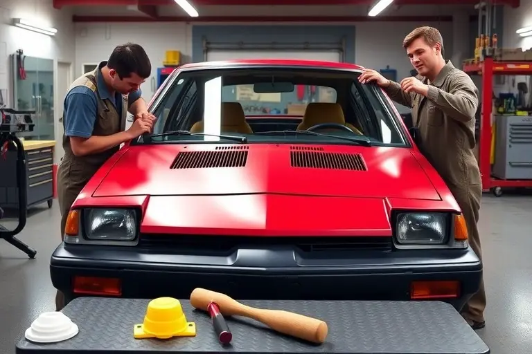 A detailed scene of an AMC Spirit (1979-1983 model) parked in a workshop, with a mechanic in coveralls carefully removing the old windshield and installing a new one. The focus is on the car's front view, showing the open windshield frame, tools like a suction cup, rubber mallet, and protective gloves on a workbench. The background includes a garage setting with lighting, tool shelves, and a clean floor, emphasizing a realistic automotive repair environment.