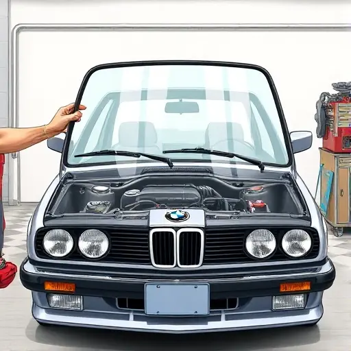 A detailed, realistic illustration of a BMW 3er E30 (1983–1988) with its front windshield partially removed, showing the car’s hood and front frame. A mechanic’s hands are holding a new windshield, positioned ready for installation. The scene emphasizes the car’s classic 2.3L 150 hp engine bay, the clear glass panels, and the precise alignment tools used for the replacement. The background is a clean, neutral garage setting with subtle lighting to highlight the car’s contours and the glass surface.
