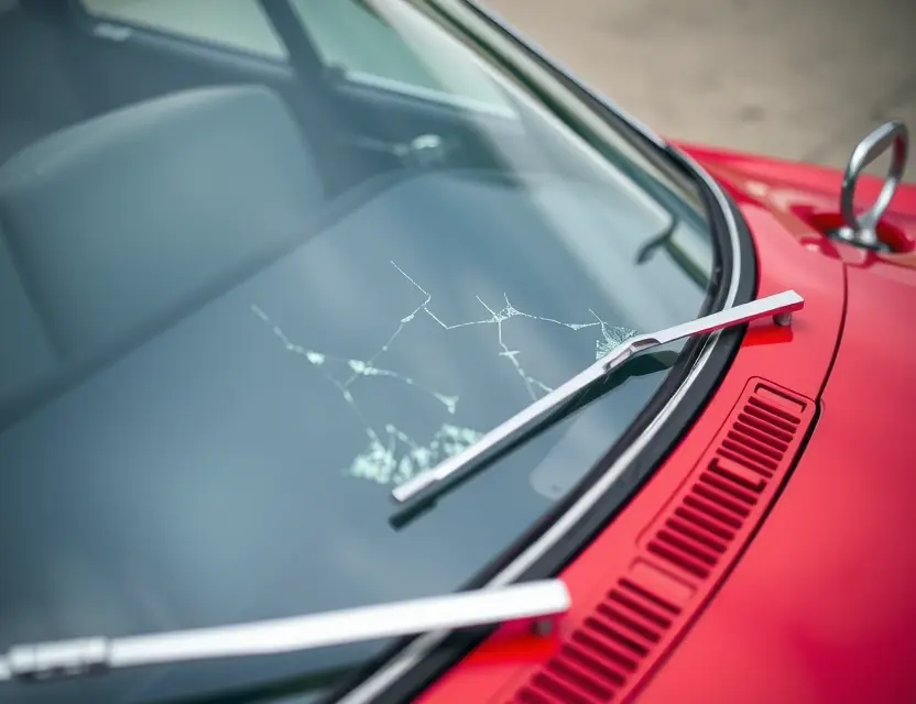 A close-up shot of an Avanti Avanti II car with a cracked windshield, showing the area where the windshield needs replacement. The car is parked on a clean, well-lit surface. Focus on the damaged windshield area.