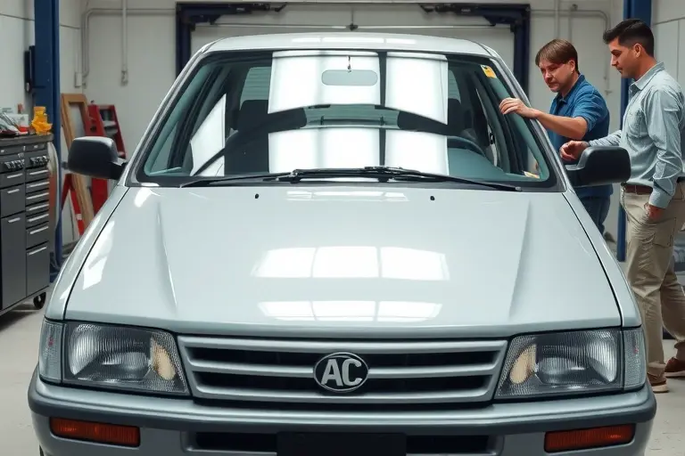 A detailed scene of a mechanic replacing the windshield on a 1990s AC Ace car, showing the car's front with the old glass removed and a new windshield being installed, tools and a clean workshop environment, focusing on the vehicle and the replacement process without any text or logos