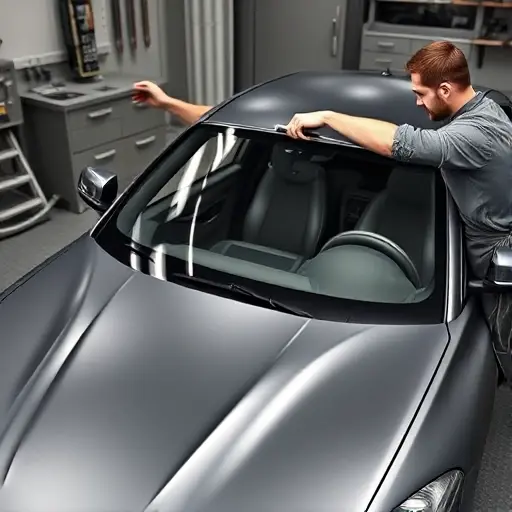 A detailed, realistic depiction of a BMW M2 G42 (2022 model) in a garage undergoing a front windshield replacement. The scene shows the car's hood partially open, revealing the windshield area. A mechanic in a work apron is carefully removing the old windshield, using a specialized tool to lift it away. The mechanic is also cleaning the mounting surface with a microfiber cloth. A new, clear windshield is being positioned into place, with a small amount of adhesive visible. The background includes subtle garage equipment and a workbench, but no visible text or logos. The focus is on the precision of the replacement process, highlighting the car's sleek lines and the clear glass.
