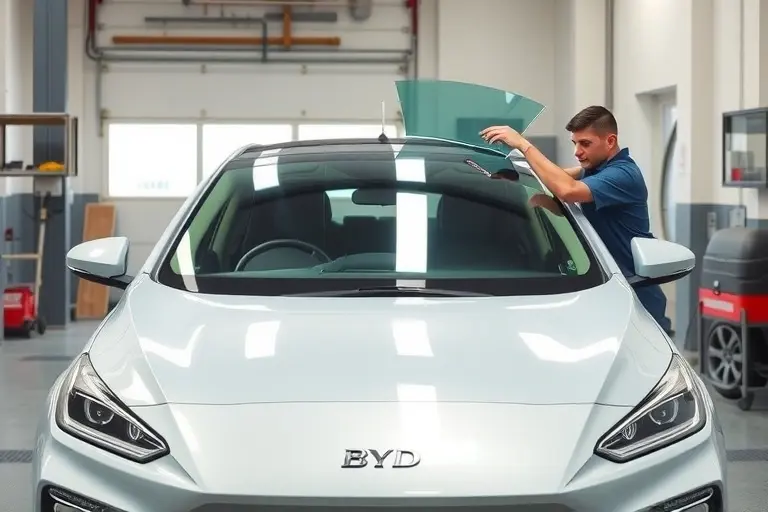 A modern BYD Dolphin electric car (2023 model) parked in a clean auto repair workshop, with a professional mechanic in a uniform carefully removing the old windshield and installing a new transparent windshield. The scene shows tools, a glass lifting device, and a focus on the car's front area, highlighting the sleek design of the vehicle and the precision of the windshield replacement process. The lighting is bright and realistic, emphasizing the clarity of the new glass and the detailed textures of the car body and workshop environment.