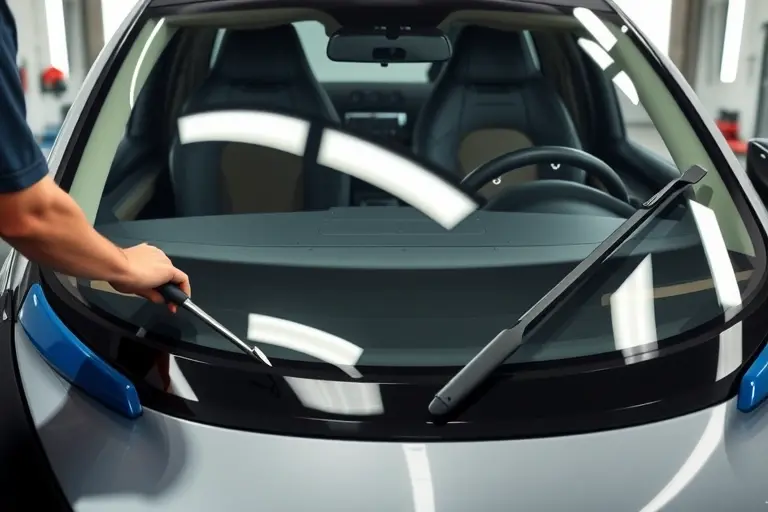 A realistic close-up of a mechanic replacing the windshield of an Onvo L60 electric car, showing the car's front, the new windshield, and the tools used, with a clean, detailed background