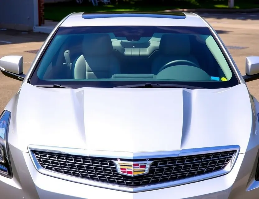 A Cadillac CT4 V with a replaced windshield, showcasing the new glass. The car is parked outdoors on a sunny day. Focus on the clarity and quality of the replacement windshield.