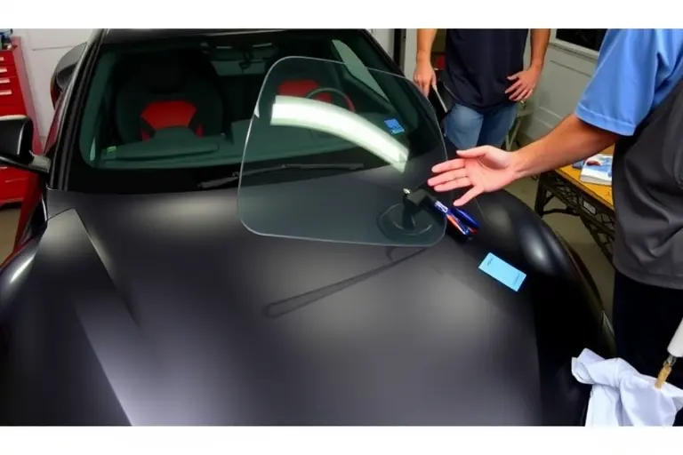 A detailed close-up of a mechanic replacing the windshield on a 2019 Toyota GR Supra 3.0 Turbo. The scene shows the car's front in a garage setting, the old windshield removed, a new clear glass panel being fitted, with tools and a protective cover visible. The focus is on the car's sleek body, the glass, and the hands of the mechanic, all in high detail.